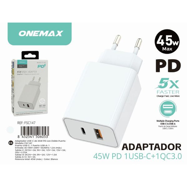 Adaptador Cargador con Puerto Dual PD 45W Type-C + QC3.0 FSC147