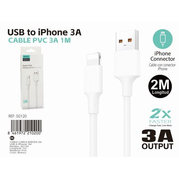 Cable USB a Lightning De Carga Rapida 3A 1M En Blanco SG120