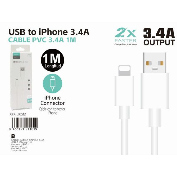 Cable USB a Lightning De Carga Rapida 3.4A 1M En Blanco JR051