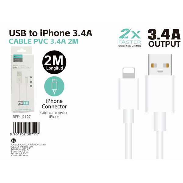 Cable USB a Lightning De Carga Rapida 3.4A 2M En Blanco JR127