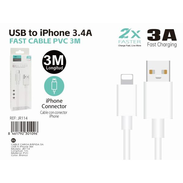 Cable USB a Lightning De Carga Rapida 3.4A 3M En Blanco JR114