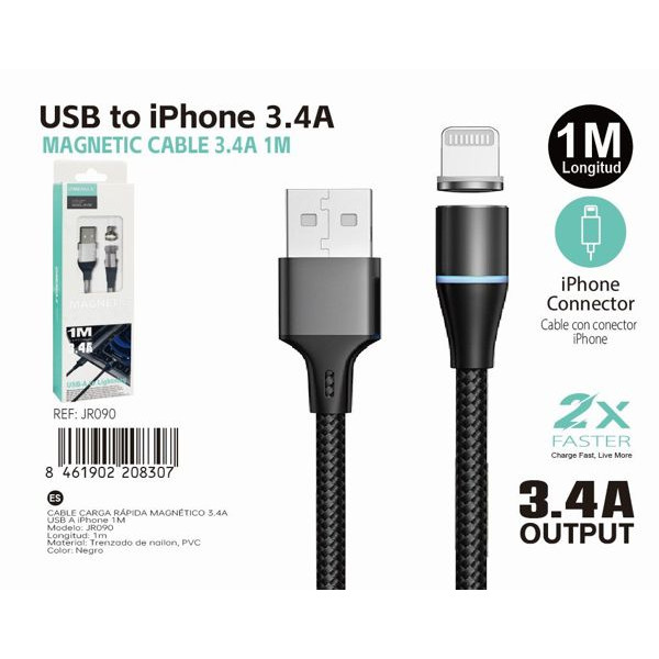 Cable USB a Lightning De Carga Rapida 3.4A 1M Magnetico JR090