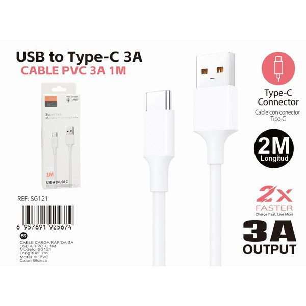 Cable USB a Type-C De Carga Rapida 3A 1M En Blanco SG121