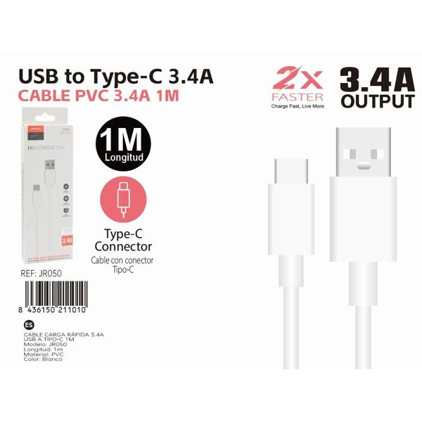 Cable USB a Type-C De Carga Rapida 3.4A 1M En Blanco JR050