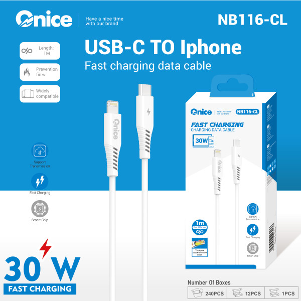 Cable Lightning 30W Blanco Carga Rápida y Segura para Apple NB116-CL