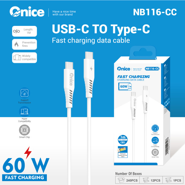 Cable Type-c 60W Blanco Carga Rápida y Segura para Apple NB116-CC