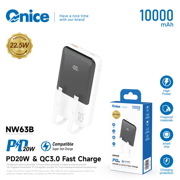 Bateria Externa 10000 mAh Power Bank 22.5W 18.W QC3.0 NW63B Blanco