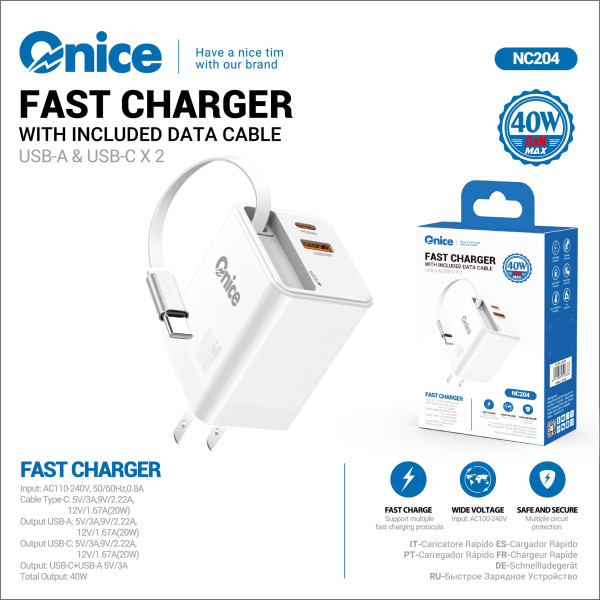 Cargador Rapida 40W GaN Max con TYPE-C 20W +USB 20W Con Cable Type-C NC204