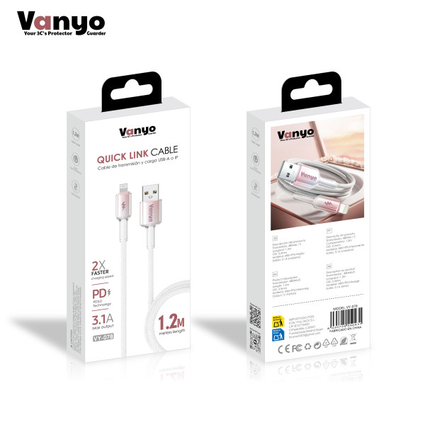 Cable USB - Lightning 3.1A blanco Carga Rápida y Segura para Apple VY-078