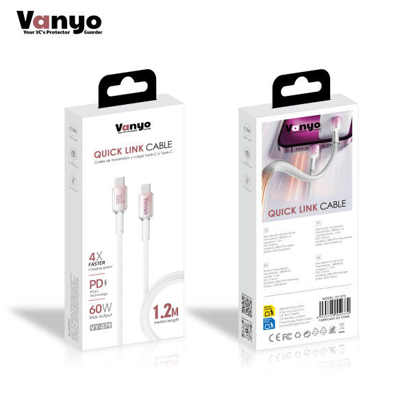 Cable Type-c a Type-C 60W Blanco Carga Rápida y Segura para VY-079