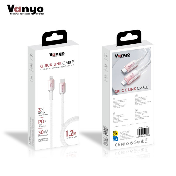 Cable Type-C a Lightning 30W Blanco Carga Rápida y Segura para Apple VY-080