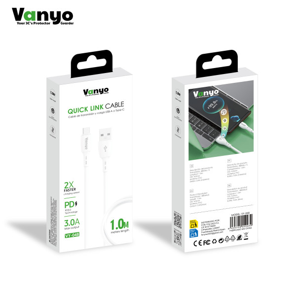 Cable Type-C 3.1A blanco VY-048 conexión rápida y eficiente para cargar y sincronizar dispositivos con puerto Type-C