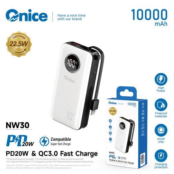 Bateria Externa 10000 mAh con Cable PD 20W Power Bank QC3.0 NW30
