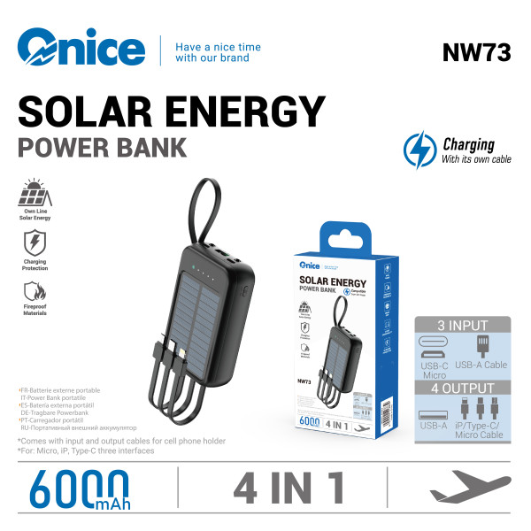Bateria Externa 6000 mAh con Cable Power Bank Solar y Linterna NW73