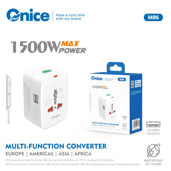 Adaptador Universal 1500W POWER Con 2 USB Multi Funcion Convertidor M86