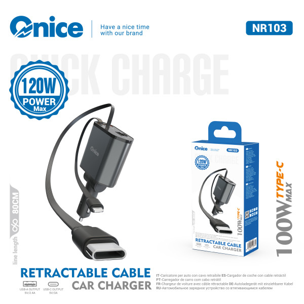 Cargador Coche 120W con Cable Lightning y Type-C 80CM con Clavija USB y Type C NR103