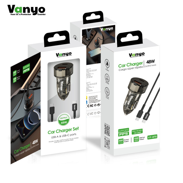 Cargador de Coche 48W PD3.0 + QC3.0 de Carga Rapido en Negro con Cable Type-C - Type-C VY-075