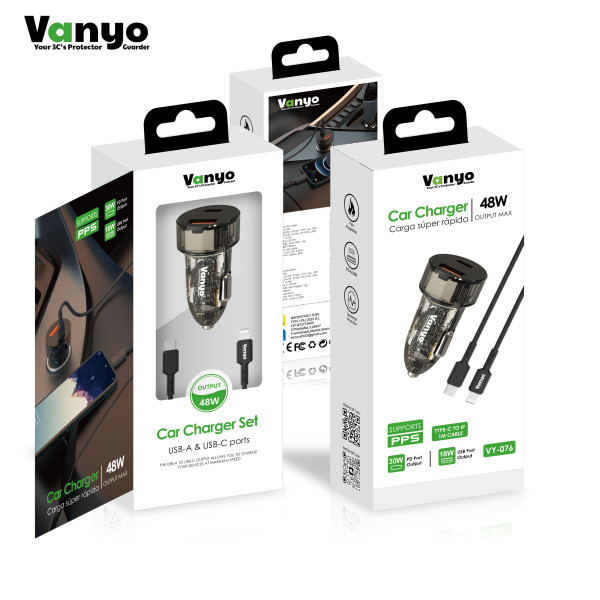 Cargador de Coche 48W PD3.0 + QC3.0 de Carga Rapido en Negro con Cable Type-C - Lightning VY-076