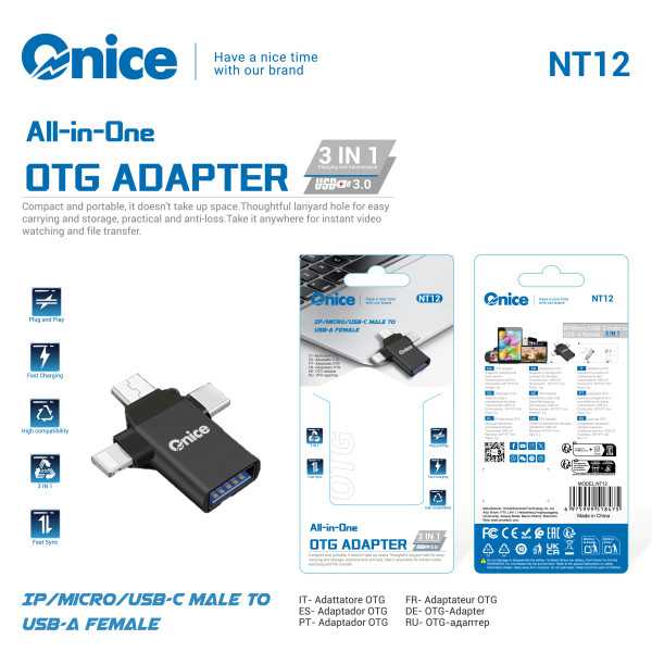 Adaptador OTG Usb a Lightning Micro V8 Type-C 3 en 1 NT12