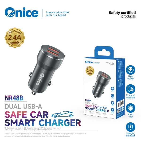 Cargador de Coche 2.4W de Carga Normal en Negro con 2 USB NR48B