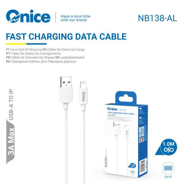 Cable USB - Lightning 3A Blanco Carga Rápida y Segura para Apple NB138-AL