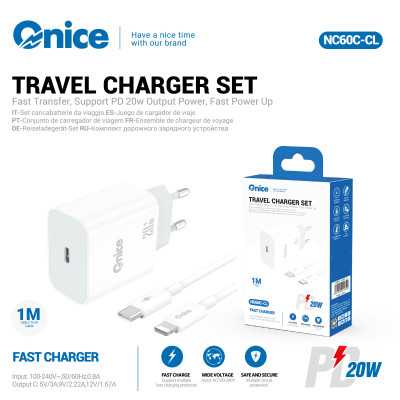 Cargador con Cable Type-C - Lightning de 20W PD3.0 USB Type-C Carga Rapida NC60C-CL