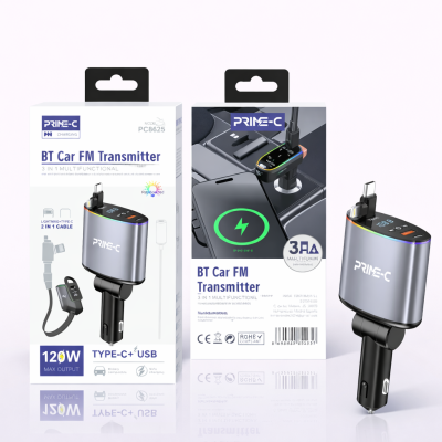 Cargador Coche 120W con Cable Lightning y Type-C 80CM con Clavija USB y Type C PC8625