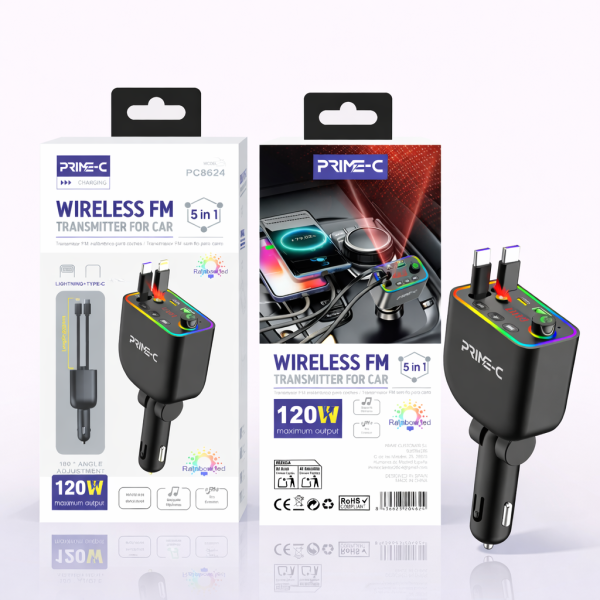 Cargador Coche 120W con Cable Lightning y Type-C 80CM con Clavija USB y Type C PC8624