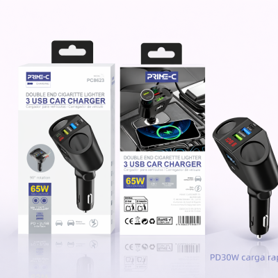 Cargador de Coche con 2 Entrada de USB 2 de Mechero 1 Type-C y Radio FM PC8623