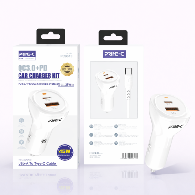 Cargador de Coche 2W PD3.0 + QC3.0 de Carga Rapido en Blanco con Cable Type-C - Type-C PC8613-WH