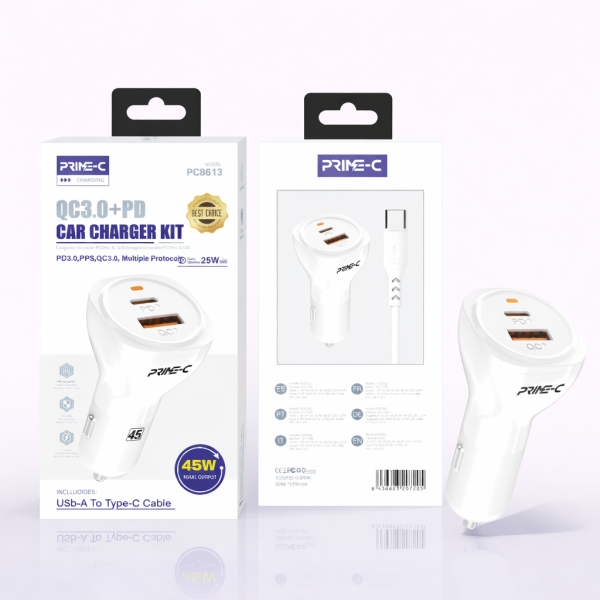 Cargador de Coche 2W PD3.0 + QC3.0 de Carga Rapido en Blanco con Cable Type-C - Type-C PC8613-WH