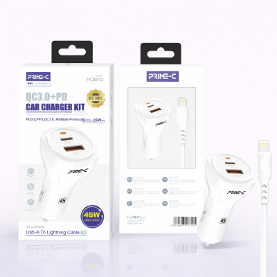 Cargador de Coche 25W PD3.0 + QC3.0 de Carga Rapido en Blanco con Cable Type-C - Lightning PC8612-WH