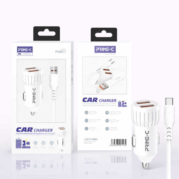 Cargador de Coche 3.4A de Carga Rapido en Blanco con Cable USB - TYPE-C PC8611-WHITE