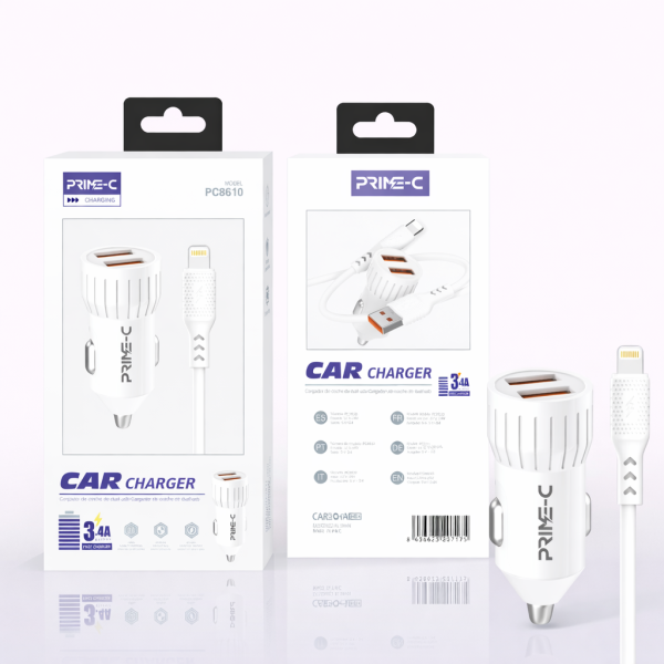 Cargador de Coche 3.4A de Carga Rapido en Blanco con Cable USB - Lightning PC8610-WHITE