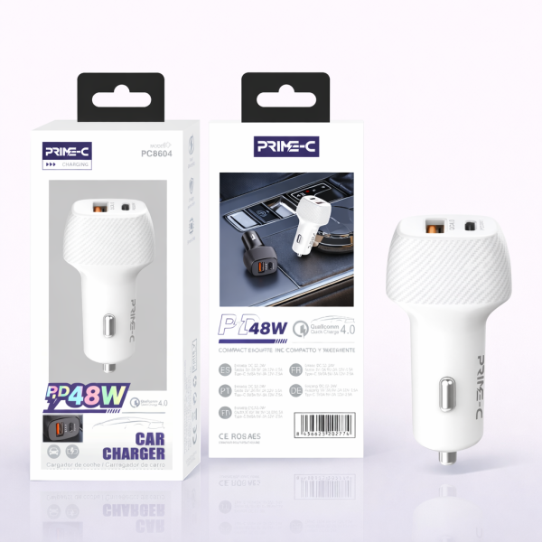 Cargador de Coche 48W de Carga Rapida en Blanco con 1 USB 1 TYPE-C QC3.0 PC8604-WH