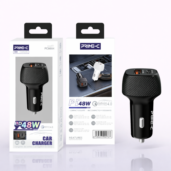 Cargador de Coche 48W de Carga Rapida en Negro con 1 USB 1 TYPE-C QC3.0 PC8604-BK