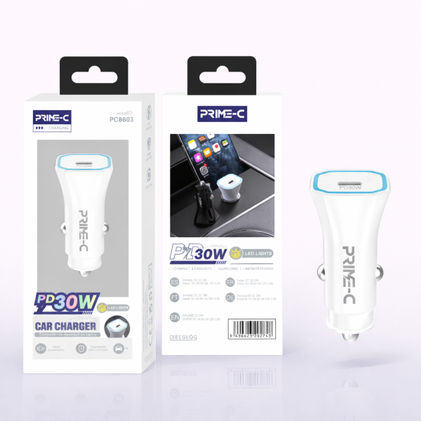 Cargador de Coche 30W de Carga Rapida en Blanco con 1 TYPE-C PC8603-WH