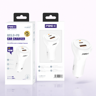 Cargador de Coche 45W de Carga Rapida en Blanco con 1 USB 1 TYPE-C QC3.0 PC8602-WHITE