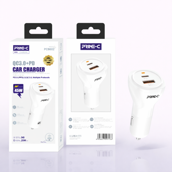 Cargador de Coche 45W de Carga Rapida en Blanco con 1 USB 1 TYPE-C QC3.0 PC8602-WHITE