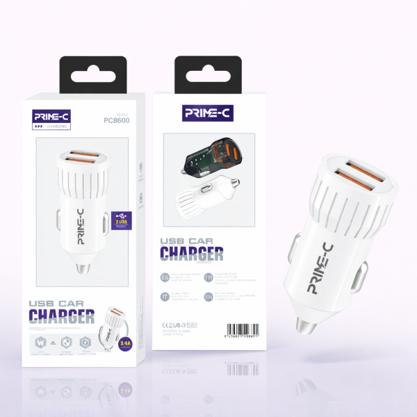 Cargador de Coche 15W de Carga Rapida en Blanco con 2 USB PC8600-WH