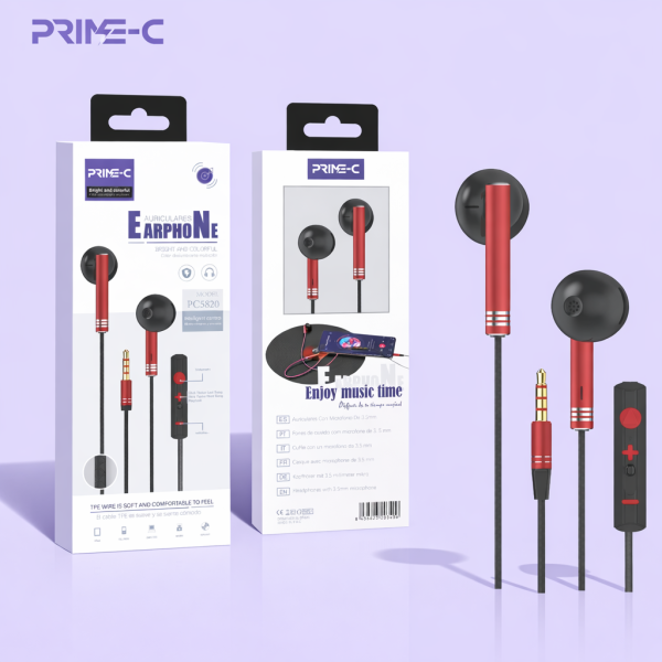 Auriculares Jack 3.5mm con Microfono Cable Trenzado PC5820-ROJO