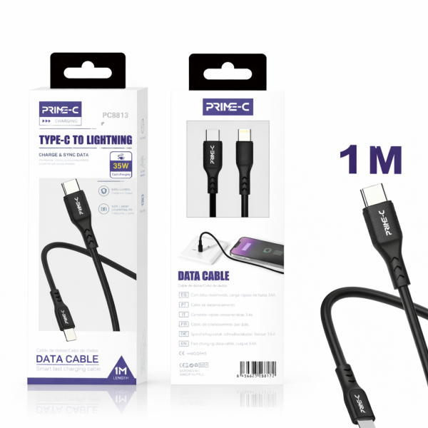 Cable Lightning 1M 35W Carga Rápida y Segura para Apple PC8813-BLACK