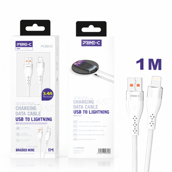 Cable USB - Lightning 1M 3.4A Carga Rápida y Segura para Apple PC8815-WHITE