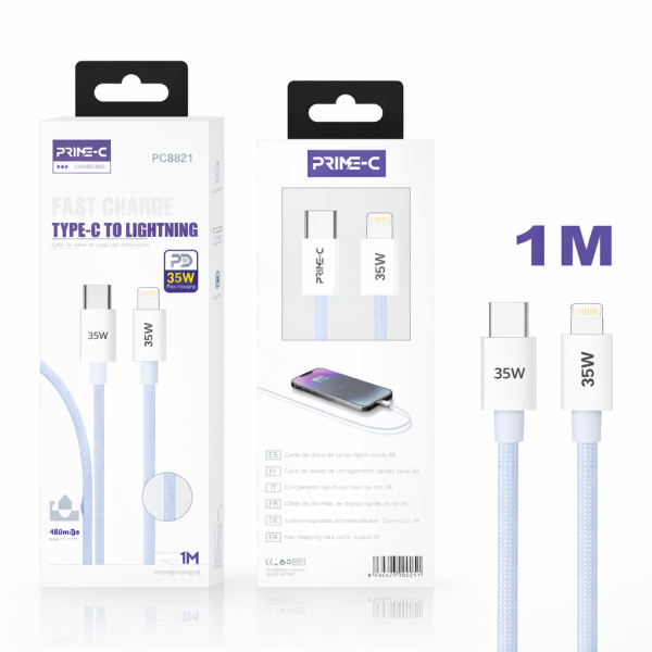Cable Type-C - Lightning 1M 30W Carga Rápida y Segura para Apple PC8821-BLUE