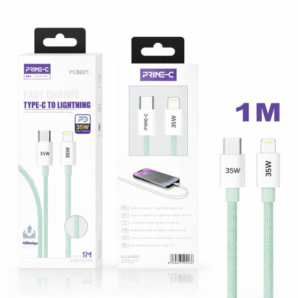 Cable Type-C - Lightning 1M 30W Carga Rápida y Segura para Apple PC8821-GREEN