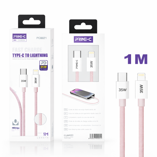 Cable Type-C - Lightning 1M 30W Carga Rápida y Segura para Apple PC8821-PINK