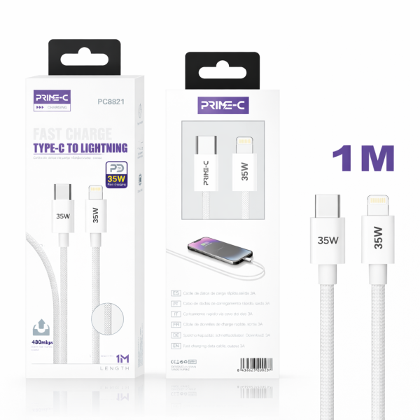 Cable Type-C - Lightning 1M 30W Carga Rápida y Segura para Apple PC8821-GREY
