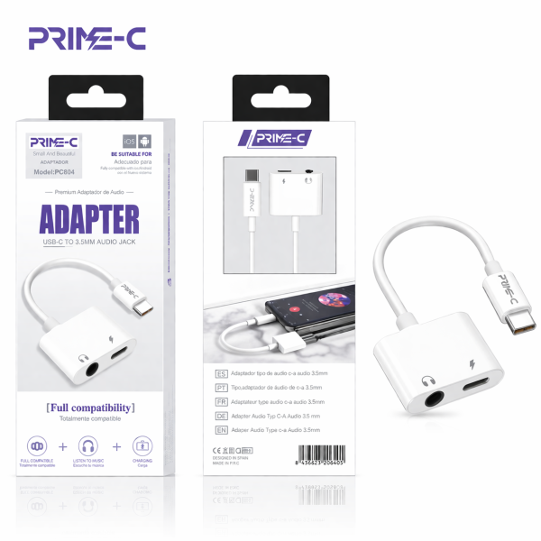 Cable Audio Type-C a Type-C y Jack 3.5mm PC504-WHITE