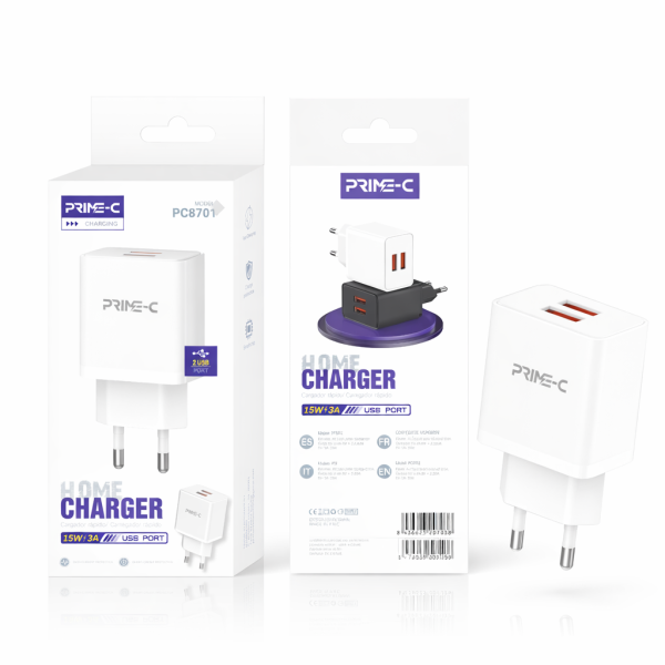 Cargador Adaptador de 2 USB 3A PC8701-WHITE