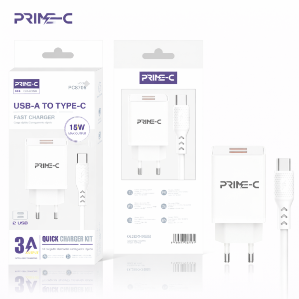 Cargador 3A 2 USB-A a Type C PC8706-WH